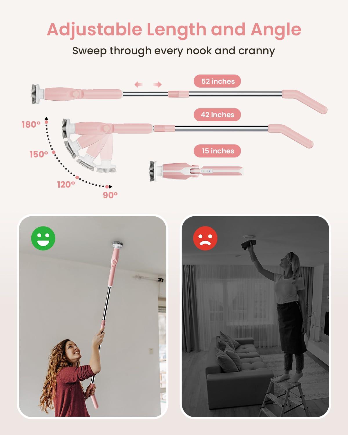 Leebein Leebein Electric Spin Scrubber, Shower Scrubber with 4 Adjustable Angles and 8 Brush Heads, Electric Scrubber with Long Handle & Remote Controller, Cleaning Brush for Bathroom, Tub, Floor (Pink)