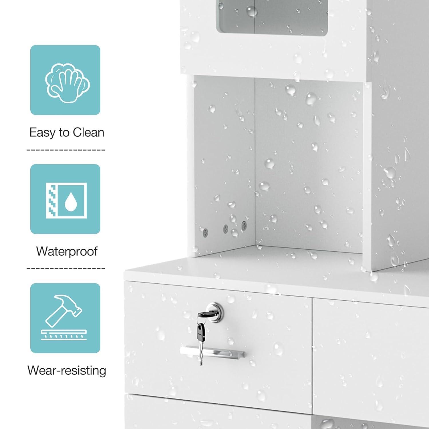 LNRLZYLS LNRLZYLS Barber Salon Station, Wall Mounted Barber Workstation, Home Beauty Salon Set with Storage Cabinet, 2 Drawers and 3 Open Shelves with Glass Doors White