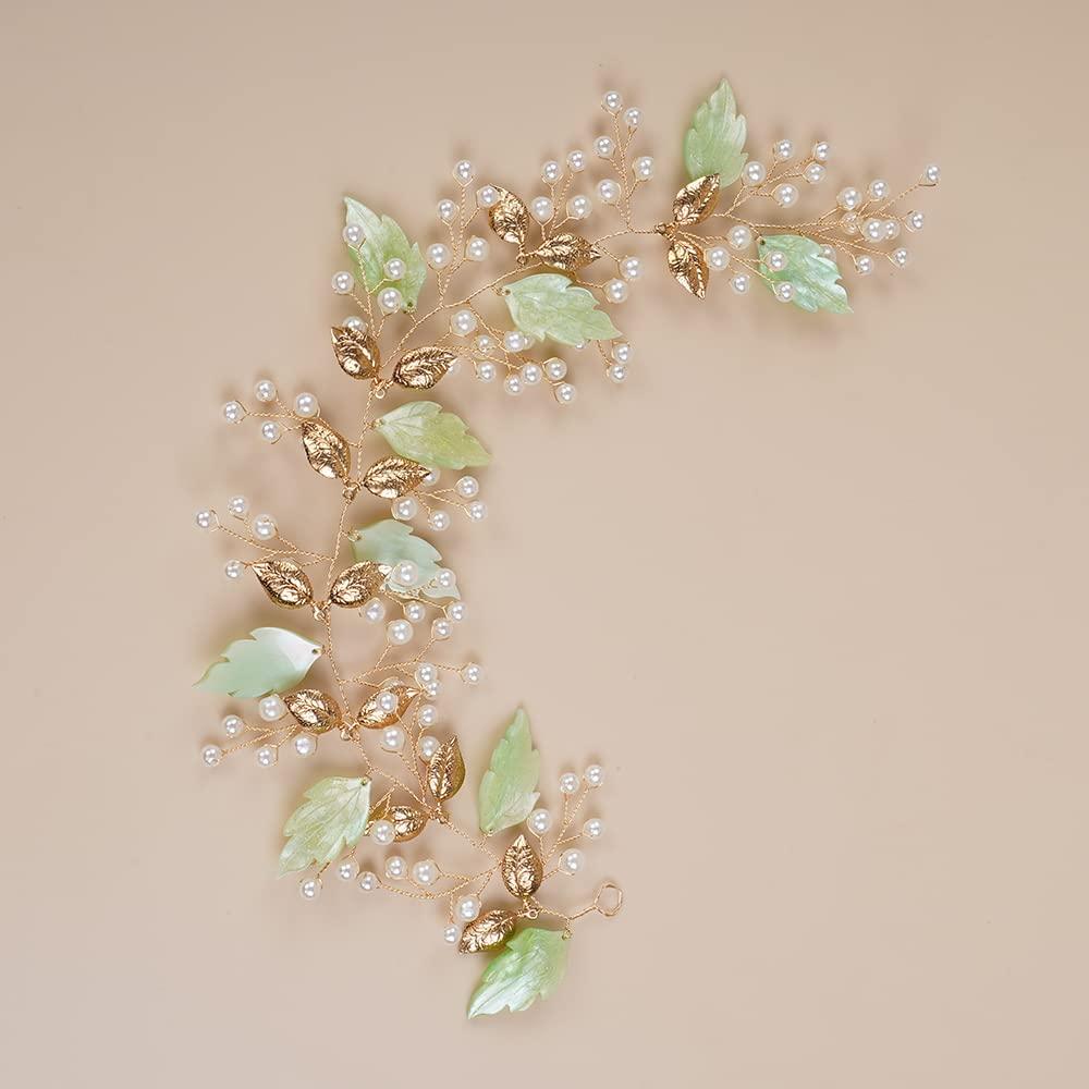 Teyglen Teyglen Bridal Wedding Green Leaf Headband Hair Vine Handmade Gold Pearl Headpieces Hair Pieces for Bride Wedding Hair Accessories for Women Girl