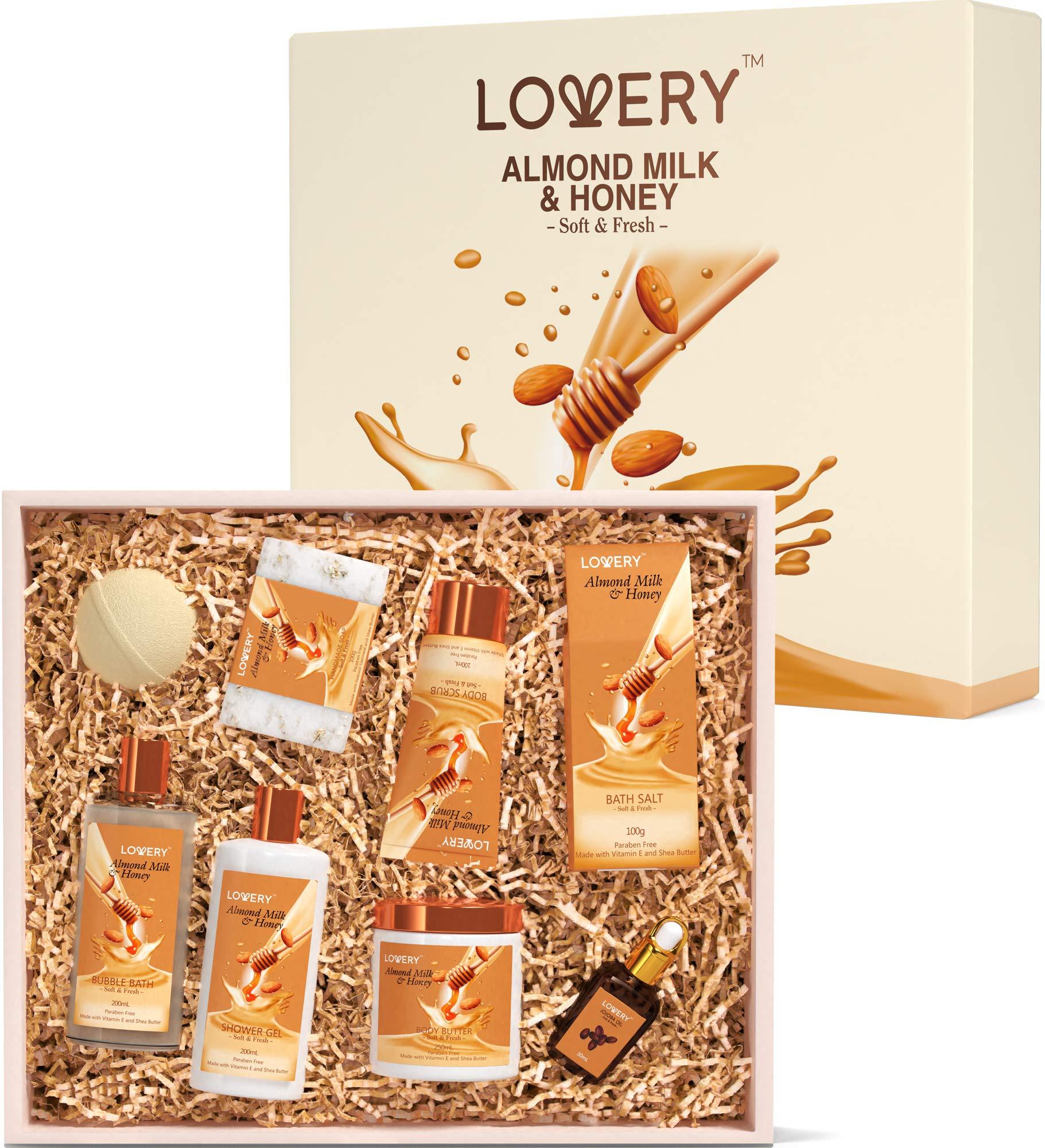 LOVERY Valentines Bath Gift Set, Almond Milk & Honey Spa Kit, Shower Gel, Bath Bomb, Bubble Bath, Body Scrub, Salts, Body Butter, Jojoba Oil & Handmade Oatmeal Soap, Birthday & Holiday Gifts for Women & Men