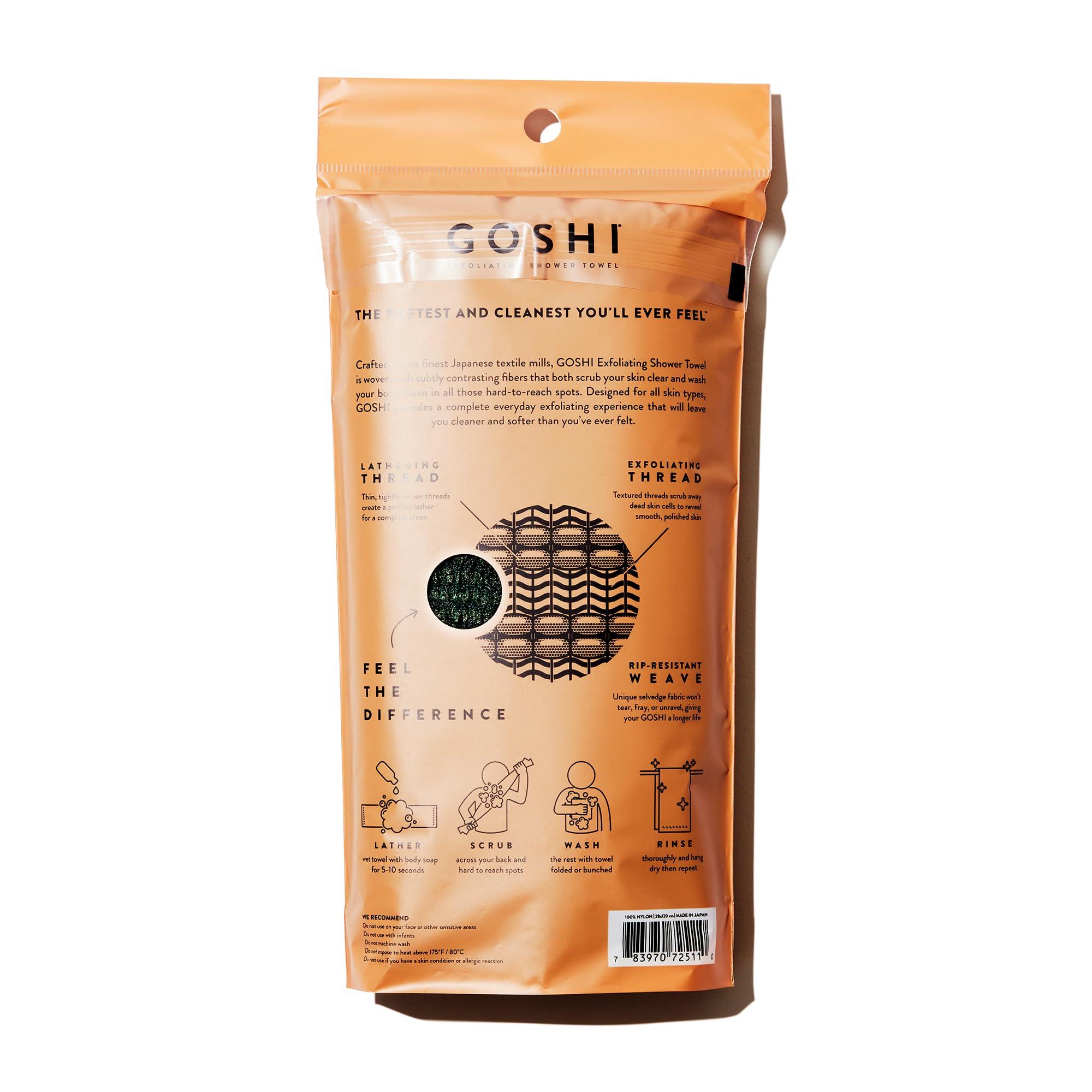 GOSHI GOSHI Exfoliating Shower Towel - Rip-Resistant Exfoliating Washcloth for All Skin Types - Moss Green - Made in Japan