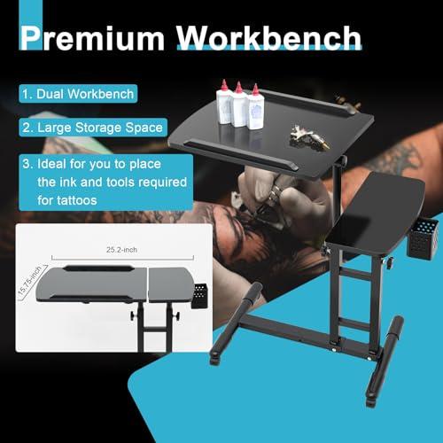 banborba Adjustable Tattoo Workstation, Portable Mobile Tattoo Salon Work Station Arm Rest Stand Desk Table Workbench Tray, Multi-Angle Adjustment Table Double Countertops for Tattoo Studios, Hair Salons