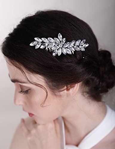 Chargances Chargances Wedding Brides Crystal Hair Comb Bridesmaid Silver Rhinestone Flower Hair Side Comb Fahsion Handmade Hair Accessories for Women Girls Porm Head Pieces (Silver)