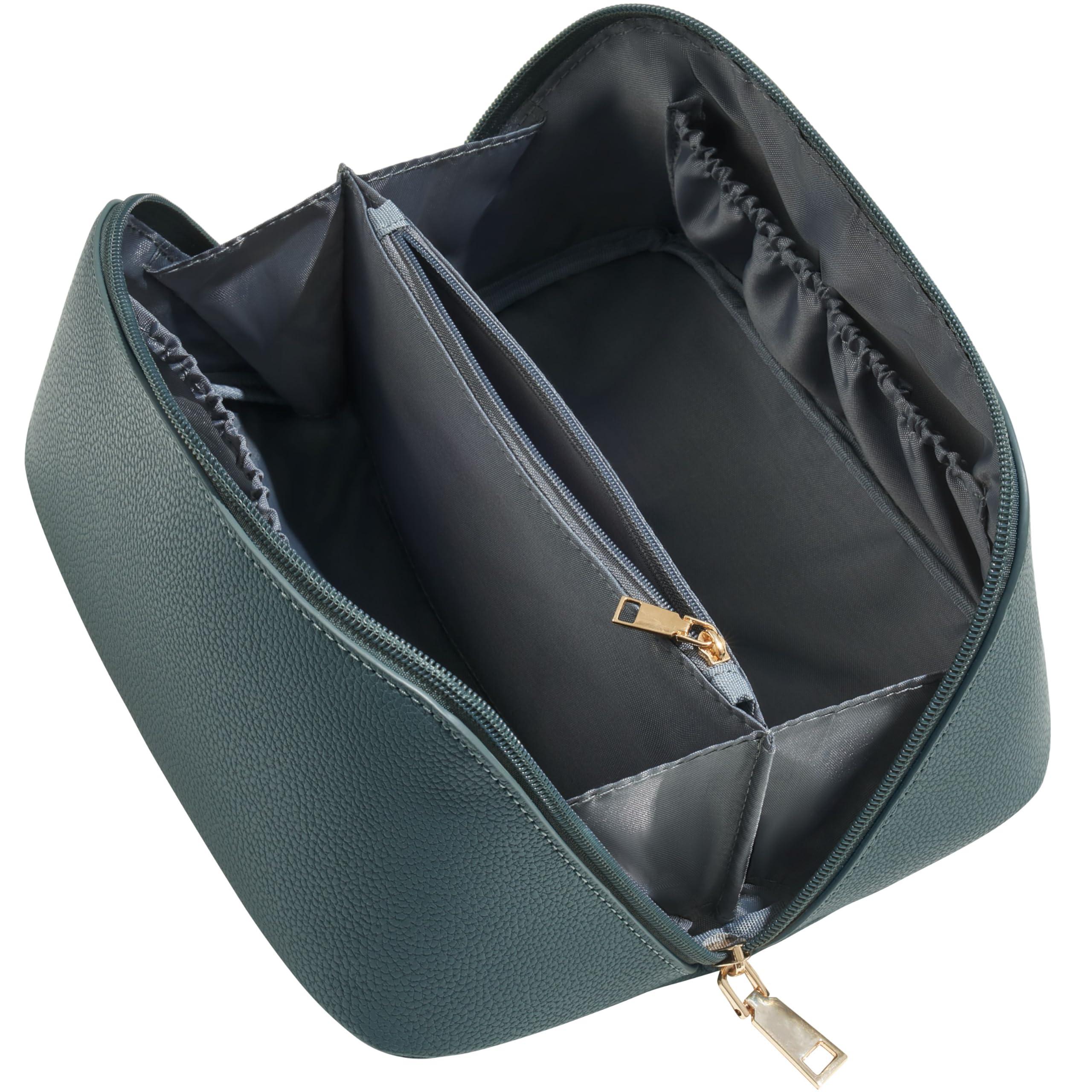 Yarnic Yarnic Green Travel Makeup Bag Pouch Cosmetic Bag, Large Capacity Toiletry Bag for Women, Portable Pouch Cute Make Up Organizer with Divider and Handle, PU Leather (Gray Green)