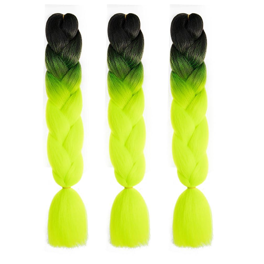 BALINGHAIR Braiding Hair Ombre Black to Yellow Green Braid Hair Extensions Hot Water Setting High Temperature Synthetic Fiber 24 Inches(B13-3Pack)
