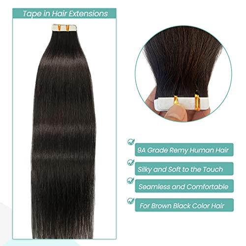 Licoville Dark Brown Tape in Extensions 14 Inch Real Human Hair 50g 20pcs Brown Tape in Hair Extensions Human Hair Double Drawn Straight Brown Hair Extensions Tape ins for Women