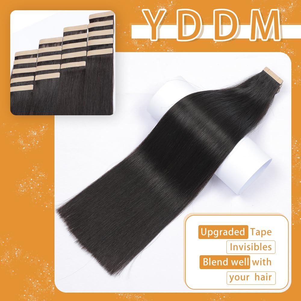 YDDM Tape in Hair Extensions Human Hair 24 Inch 20Pcs Natural Black Human Hair Tape in Extensions Tape Ins for Women Seamless Invisible Straight Tape in Hair Extensions Human Hair (1B#, 24 Inch)