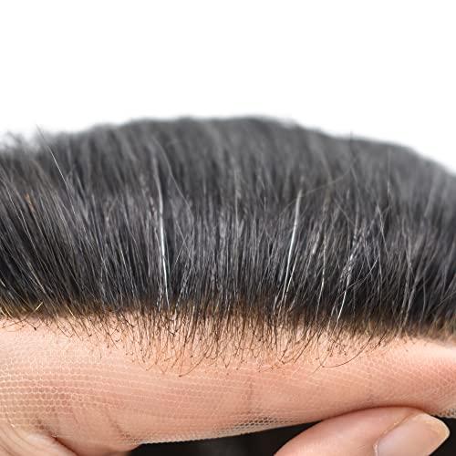 Generic Toupee For Men Hair System Mens Toupee Human Hair Swiss Lace Hair Piece Mens Hair Replacement System Injected PU Skin With Breathable Holes Covered With A Layer Of Lace On Top For Men Hair Unit Black Grey 8\'\'*10\'\' (8\'\'*10\'\', #350 3# DARK BROW