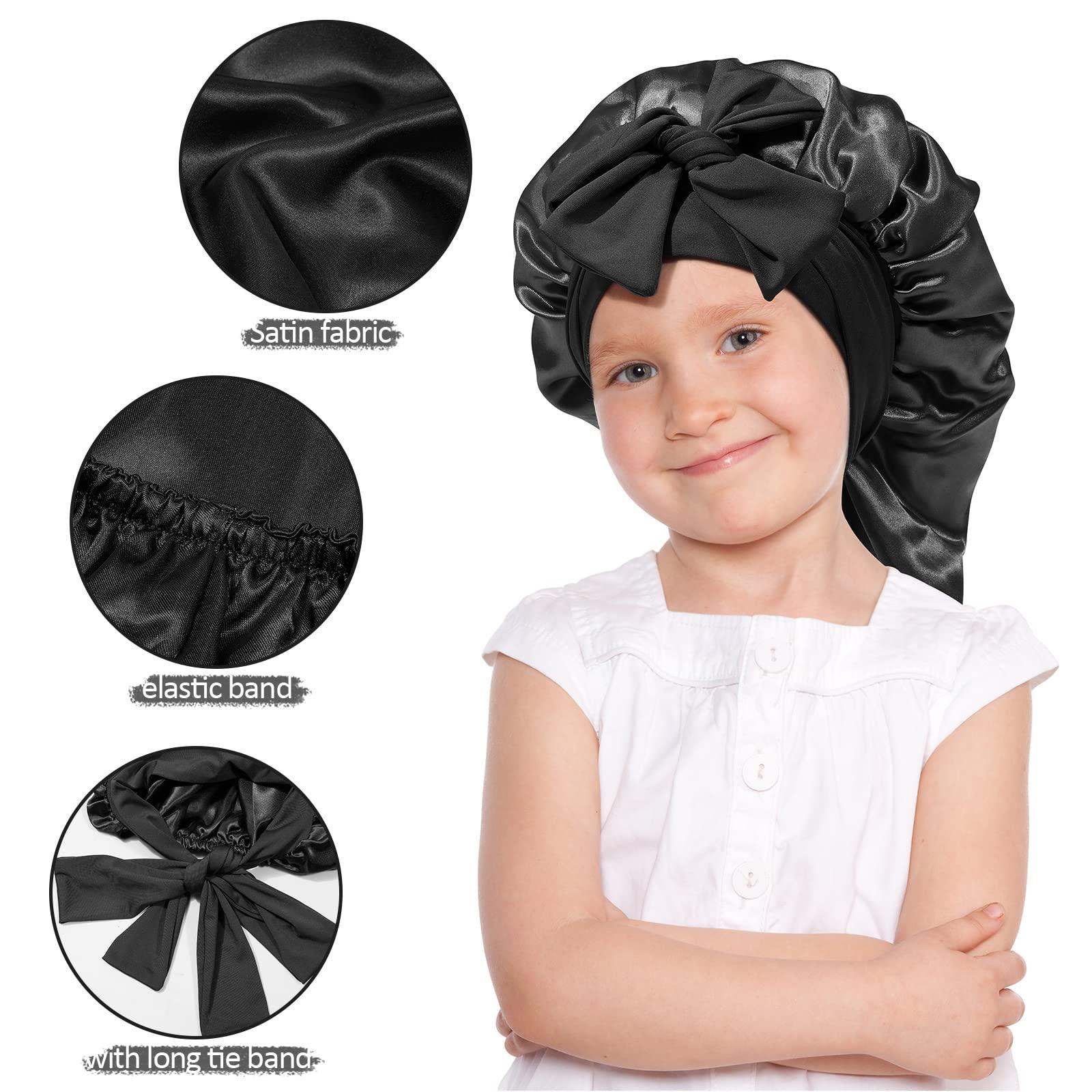 AWAYTR AWAYTR Long Toddler Silk Bonnet for Sleeping Elastic Satin Bonnets for Curly Hair Braid Bonnet Night Cap for Aged 3-12 Kids (Black)