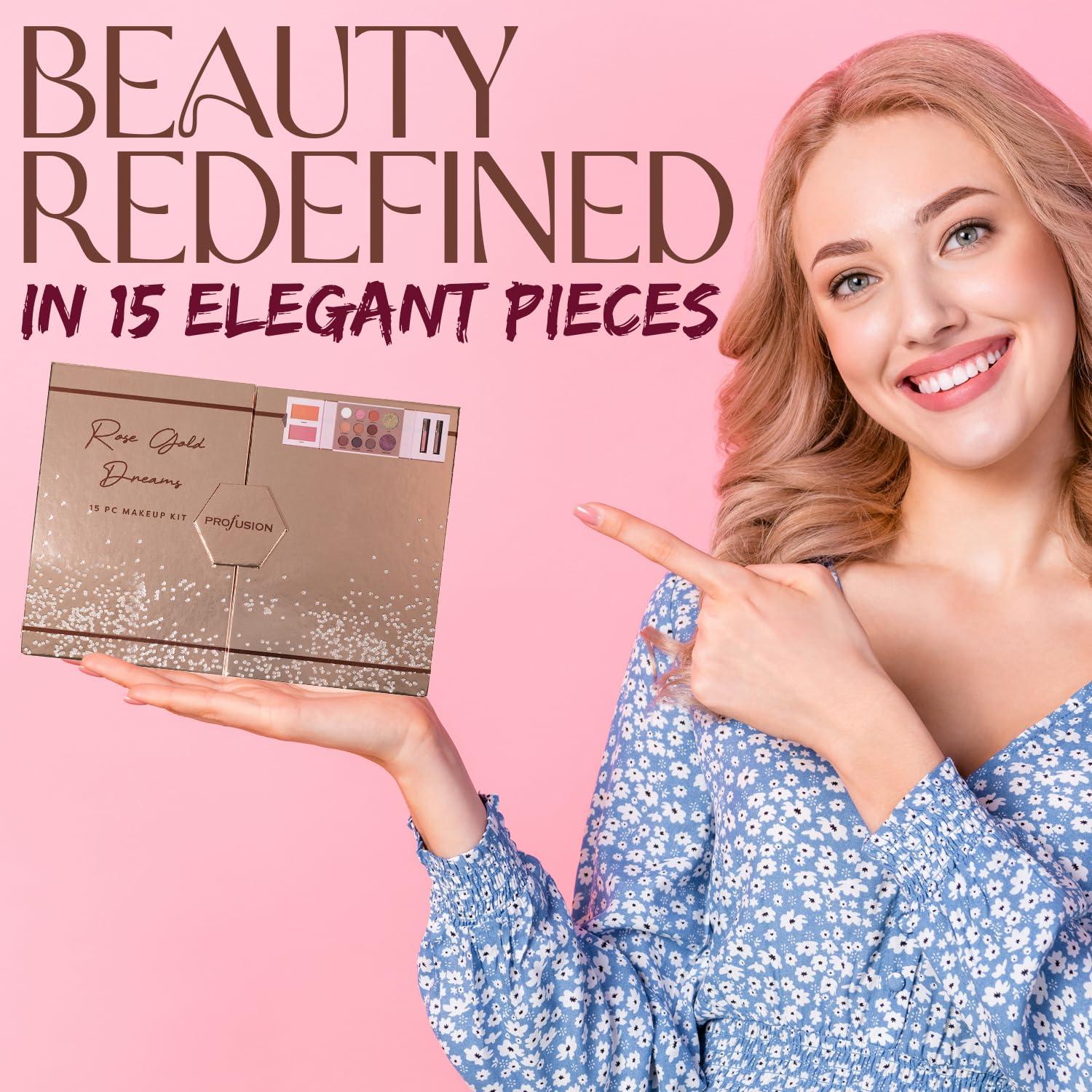 Profusion Cosmetics Profusion Cosmetics Rose Gold Dreams 15 PC Makeup Kit, Velvety Smooth Matte and Glitter Eyeshadows, Vibrant Blush and 2 Lipgloss for Glamorous Looks