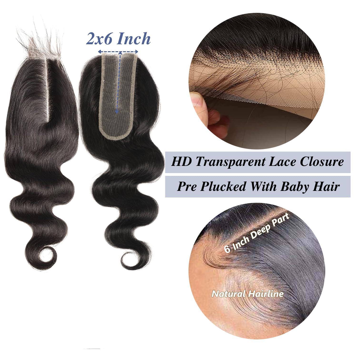 MOMOSHERO MOMOSHERO 2x6 HD Lace Closure Only 20 Inch Body Wave Human Hair, Pre Plucked Closure Sew In 2 by 6 Lace Closure Middle Part 100% Brazilian Virgin Human Hair Unprocessed 2x6 Kim K Closure Natural Black