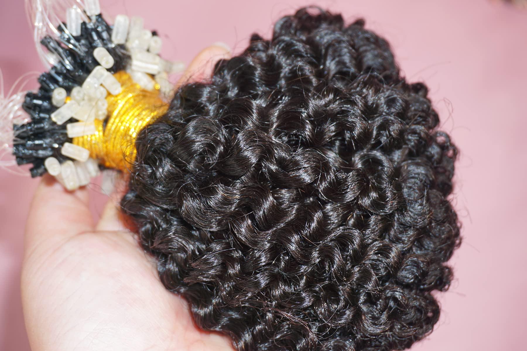 LANMINGO 50 Strands 1# Jet Black Micro Ring Link Human Hair Extensions afro CURLY Fusion Stick Micro Loop Kinky Curly remy human Hair extensions for black women