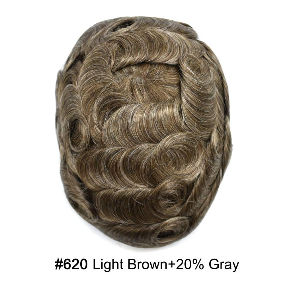DR HAIR Swiss Lace Toupee for Men Real Human Hair Pieces Lace Front Mens Toupee Hair Replacement System Hairpiece Bleached Knot Natural Hairline #620 Light Brown+20% Gray8\'\'X10\'\' 100% density