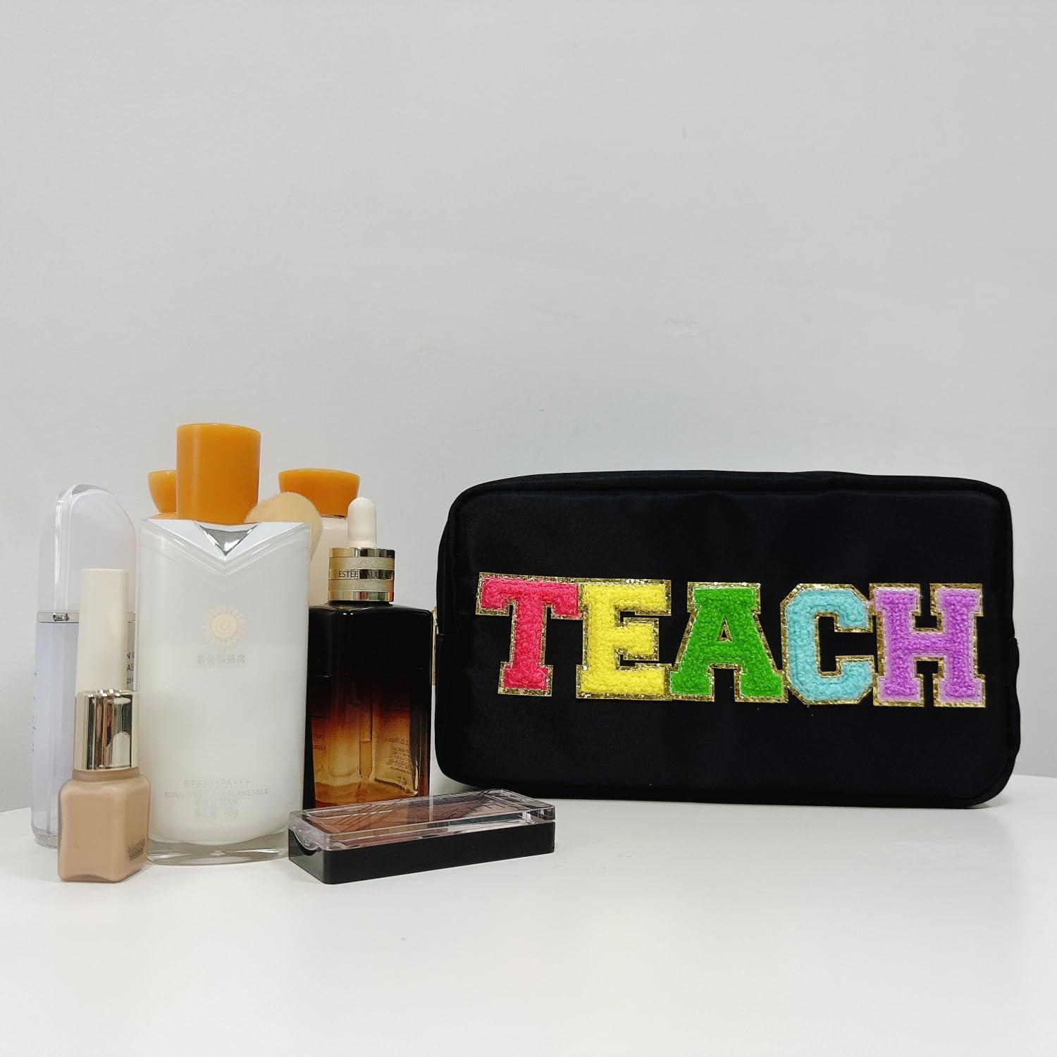 cqoogrlx cqoogrlx Teacher Appreciation Gifts Letter Patch Nylon Makeup Bag Pencil Bag Chenille Varsity Letter Patches Makeup Zipper Pouch Retirement Birthday Teacher Gifts for Women(Teach-black)