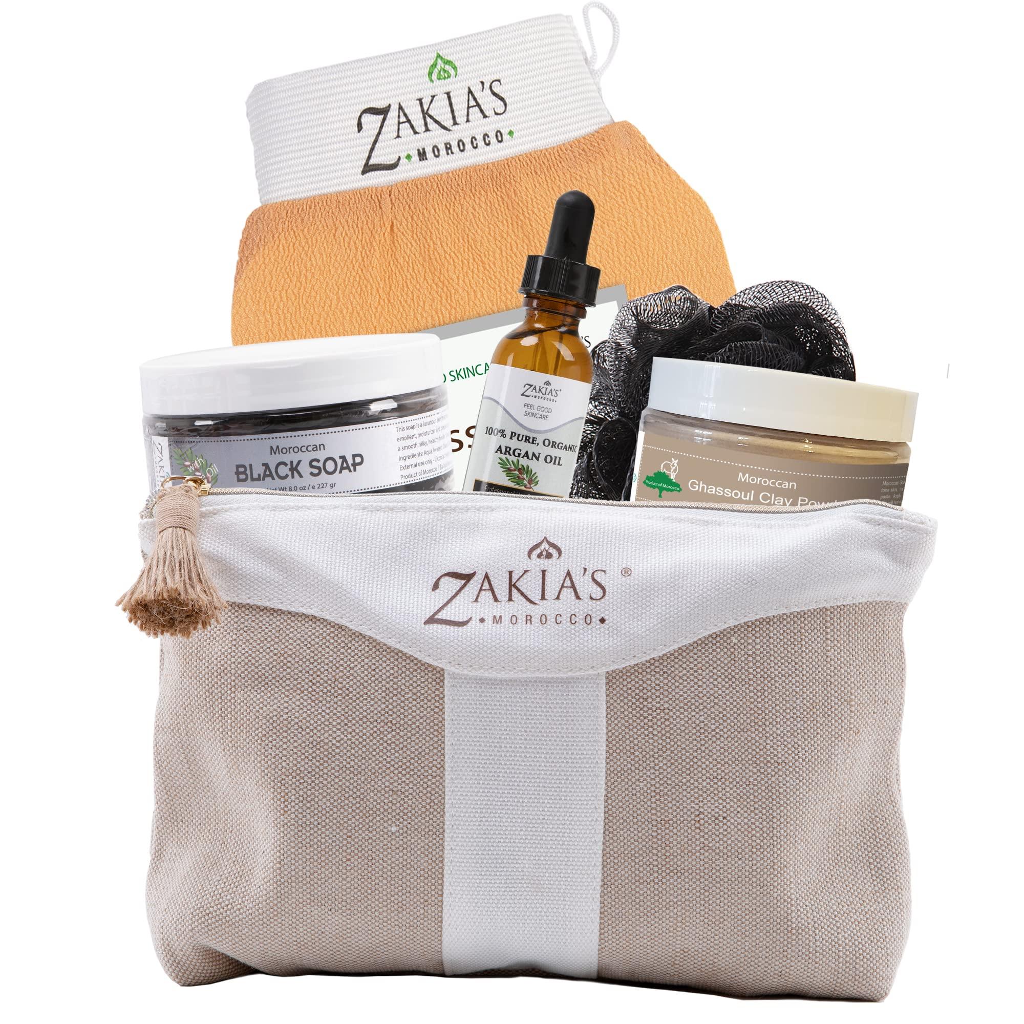Zakia's Morocco Moroccan Hammam Spa Rejuvinating Ritual Beauty Skincare Kit - 6 piece, Moroccan Black Soap, Body Clay, Argan Oil, Pure & Natural, Purifying, Cleansing, exfoliating for every skin type. Original