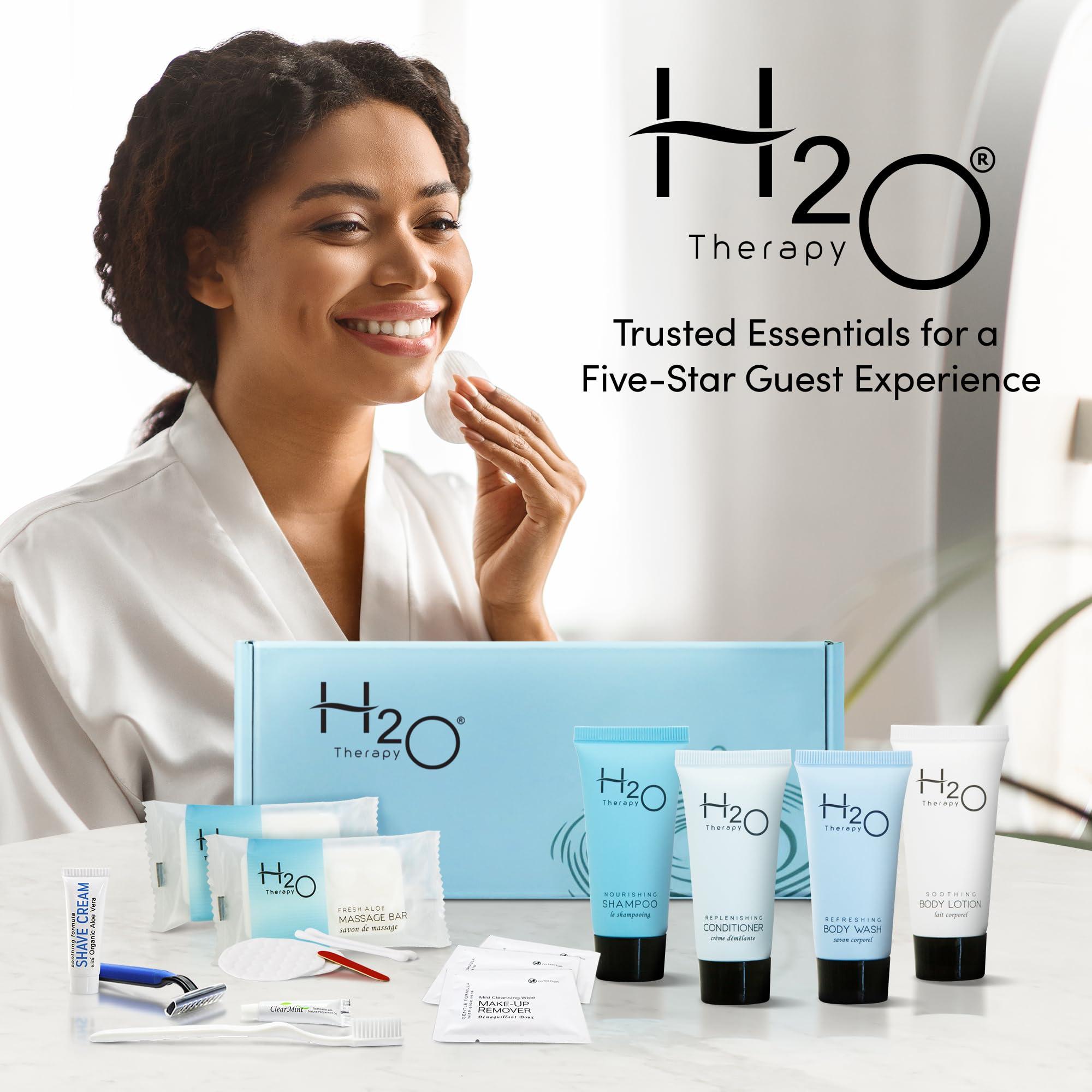 H2O Therapy H2O Therapy Amenity & Accessory Kit | 0.85 oz Travel Size Shampoo, Conditioner, Lotion, Body Wash, Massage Bar, Cleansing Bar, Shave & Dental Sets, Make-Up Remover Wipes, & Vanity Kit | 15 sets/case