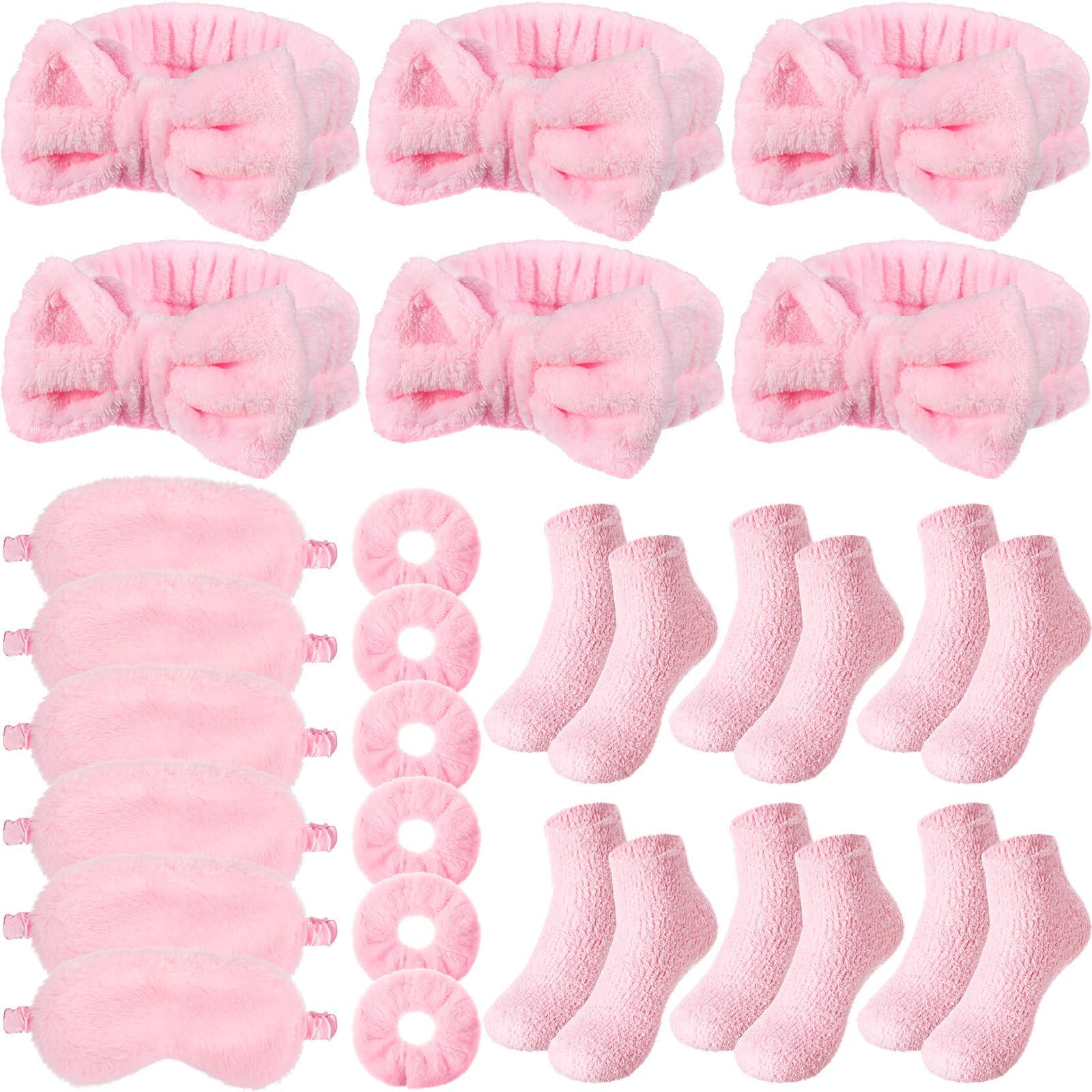 Shyyween Shyyween 30 Pieces Spa Sleepover Party Supplies 6 Pink Bow Headband 6 Plush Sleep Eye Mask 6 Velvet Scrunchies 6 Pair Fuzzy Sock for Spa Slumber Party Favors Gift