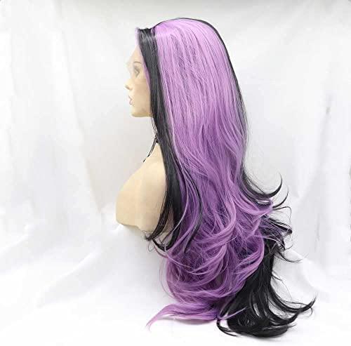 melody wig melody wig Synthetic Half Black Half Purple Lace Front Wigs For Women Hair Heat Resistant Fiber Long Half Wig Long Body Wave Hair Side Part Cosplay