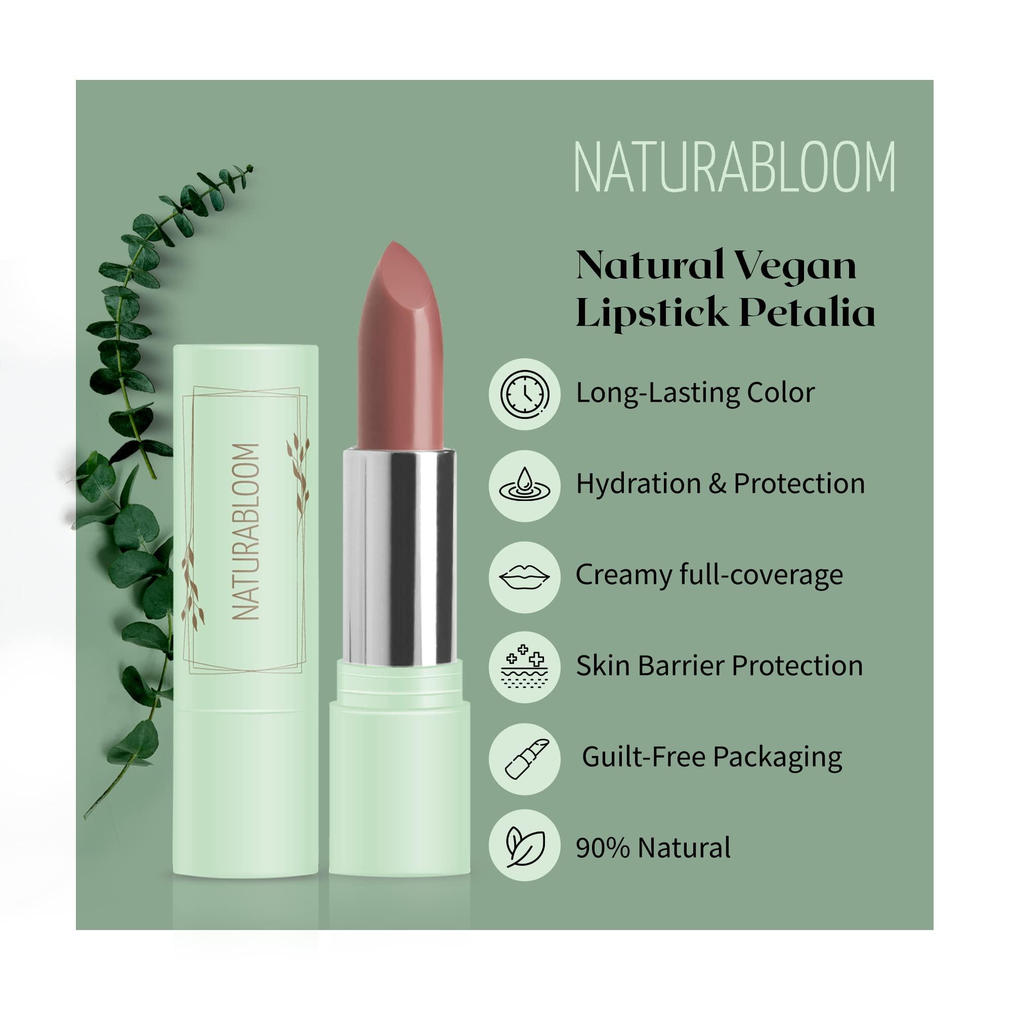 NATURABLOOM NATURABLOOM Vegan Lipstick (Petalia) - Sensational One-Stroke Long Lasting Lipstick from Natural Oils & Butters Full-Coverage Lip Color with Shea Butter & Coconut Extact - Premium Hydrating Lipsticks