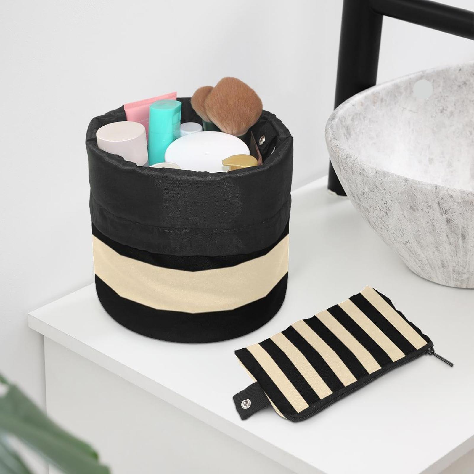LSHDNG Drawstring Travel Cosmetic Bags Barrel Makeup Bag, Black American Football Stripe Large Toiletry Organizer Waterproof for Women