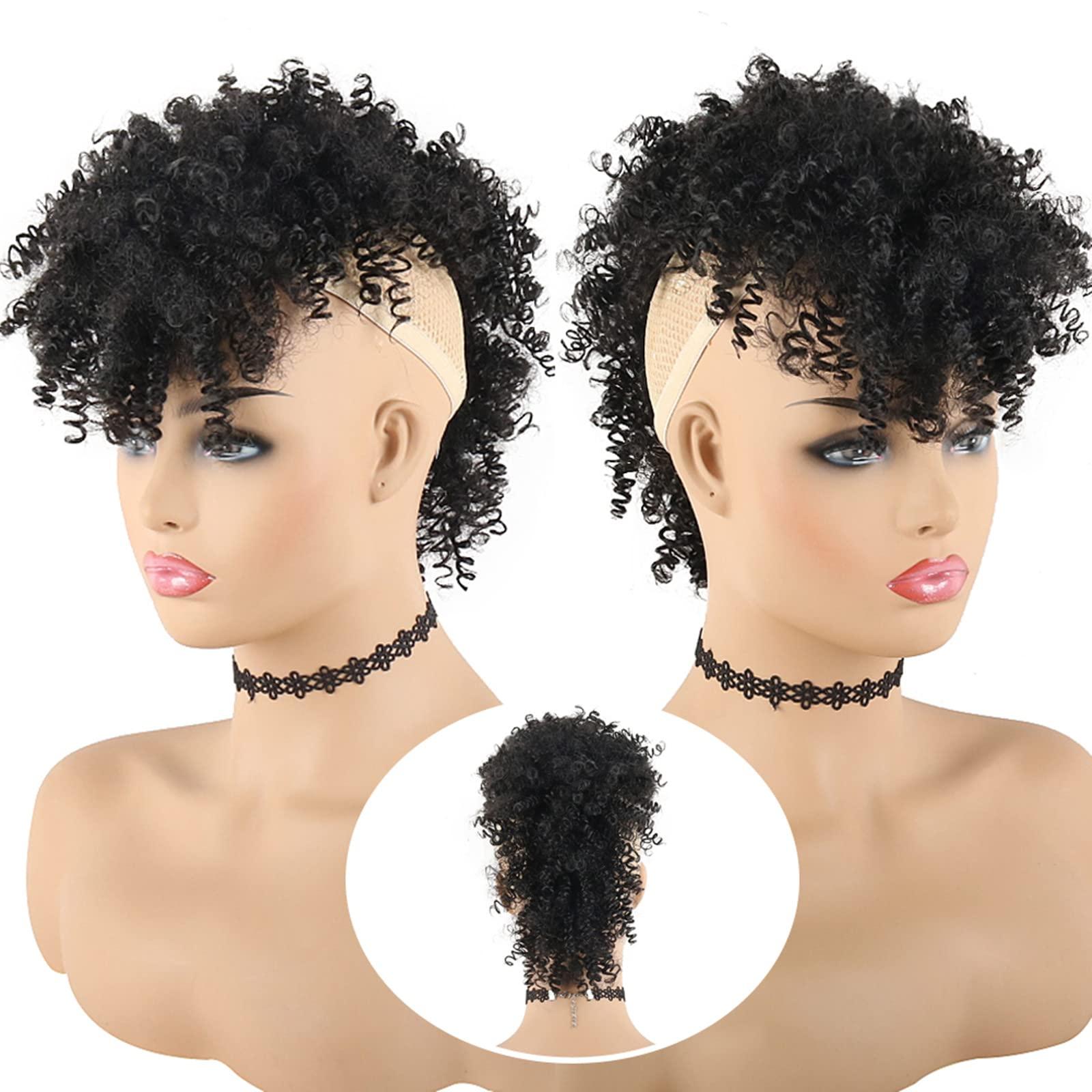 Oseti Oseti Curly Afro Mohawk Wig Faux Hawk Clip in Hair Extension for Black Women, Jerry Curly Mohawk Synthetic Clip on Mohawk Ponytail Wigs Black Fake Mohawk Pony Tail Clip on Hairpiece for Women(1B)