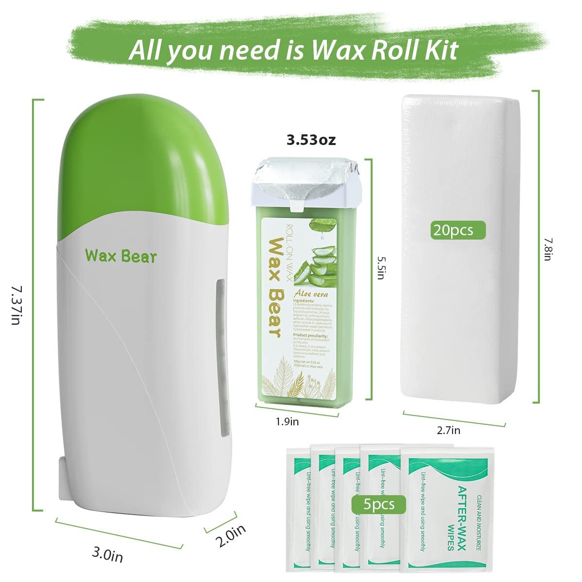 WAX BEAR Wax Bear Roll on Waxing Kit for Hair Removal - Aloe Wax Cartridge, 20 Wax Strips, 5 After-Wax Wipes, Wax Roller for Women and Men (Green)