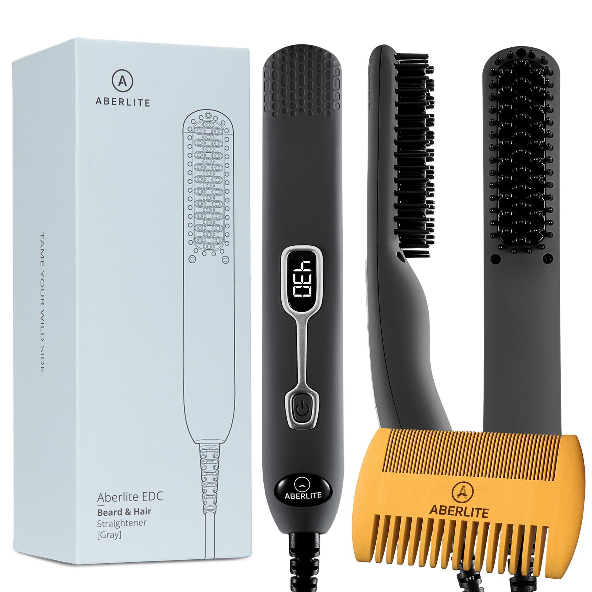 Aberlite Aberlite EDC - Premium Beard Straightener Brush - Professional Heated Straightening Comb and Grooming Kit for Men (Gray)