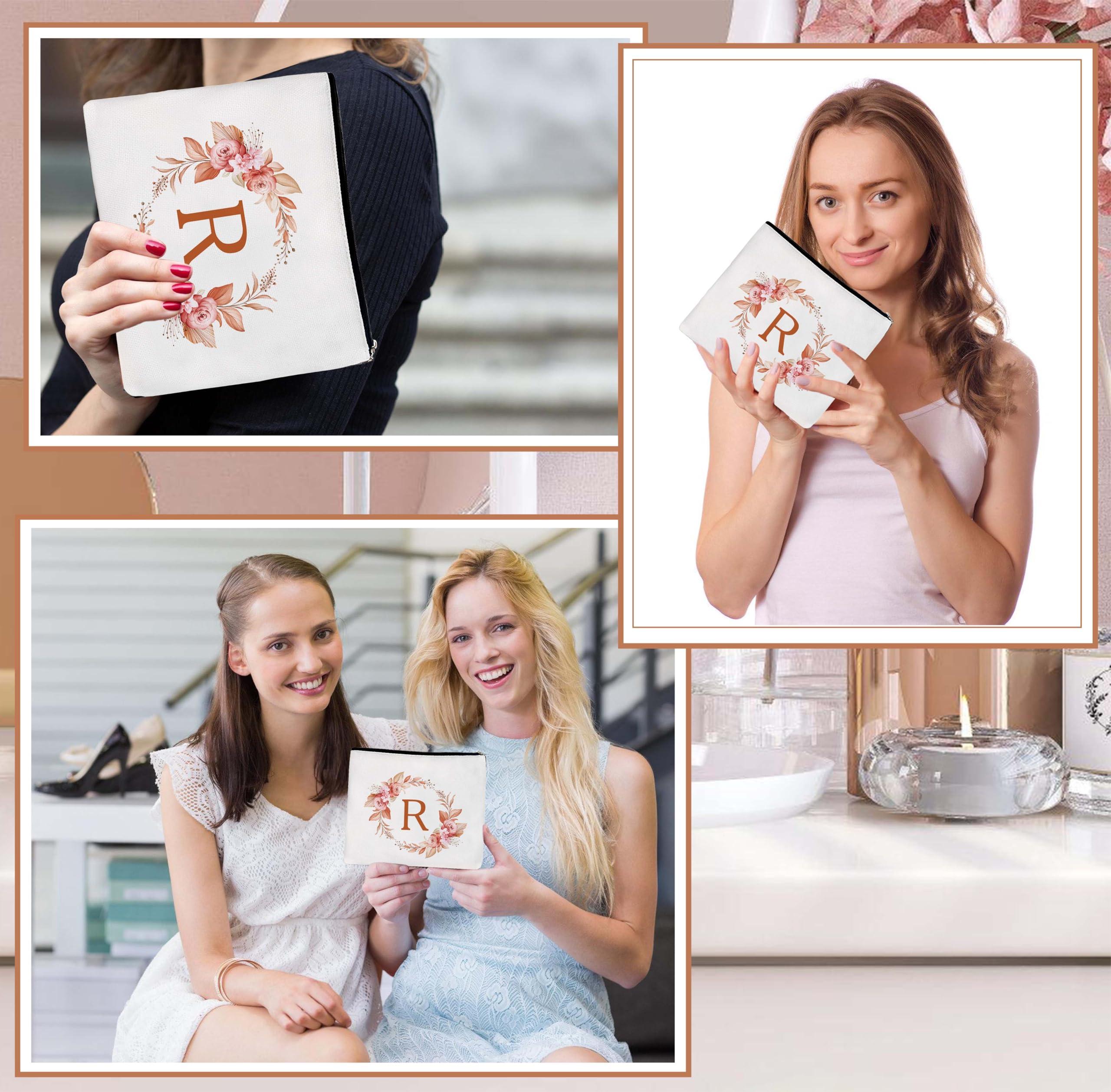 rorusio rorusio Initial Letter Canvas Cosmetic Bag,Travel Makeup Bag with Zipper and Makeup Mirror,Personalized Makeup Bag,Floral Makeup Pouch,Bridal Shower Gift Bags,Bridesmaid Gifts,Birthday Gifts-R