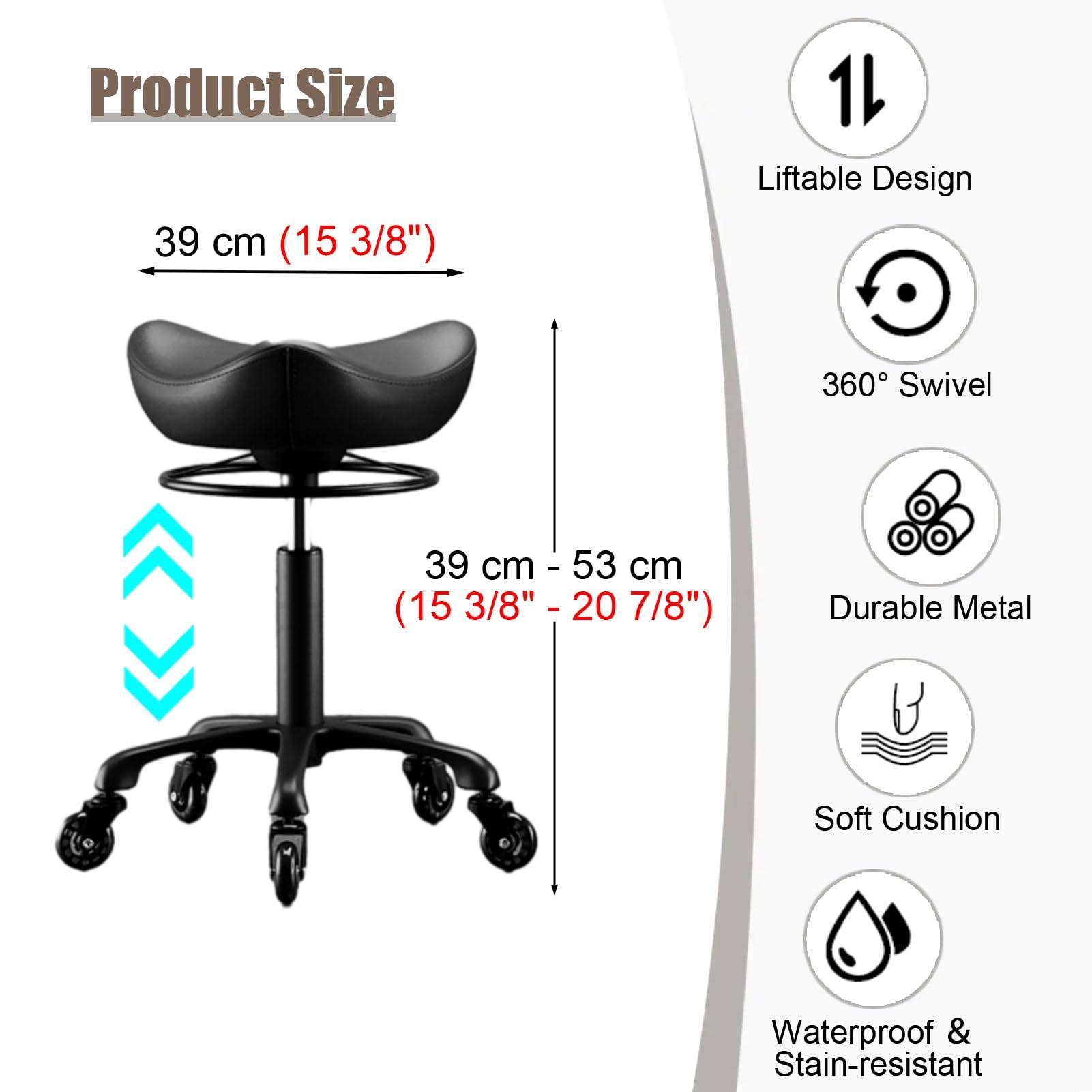 Kunovo Kunovo Hair Stylist Saddle Stool, Liftable Swivel Black Salon Cutting Stool with Wheels, Heavy Duty Rolling Saddle Chair for Hairdressers/Clinic, 58741