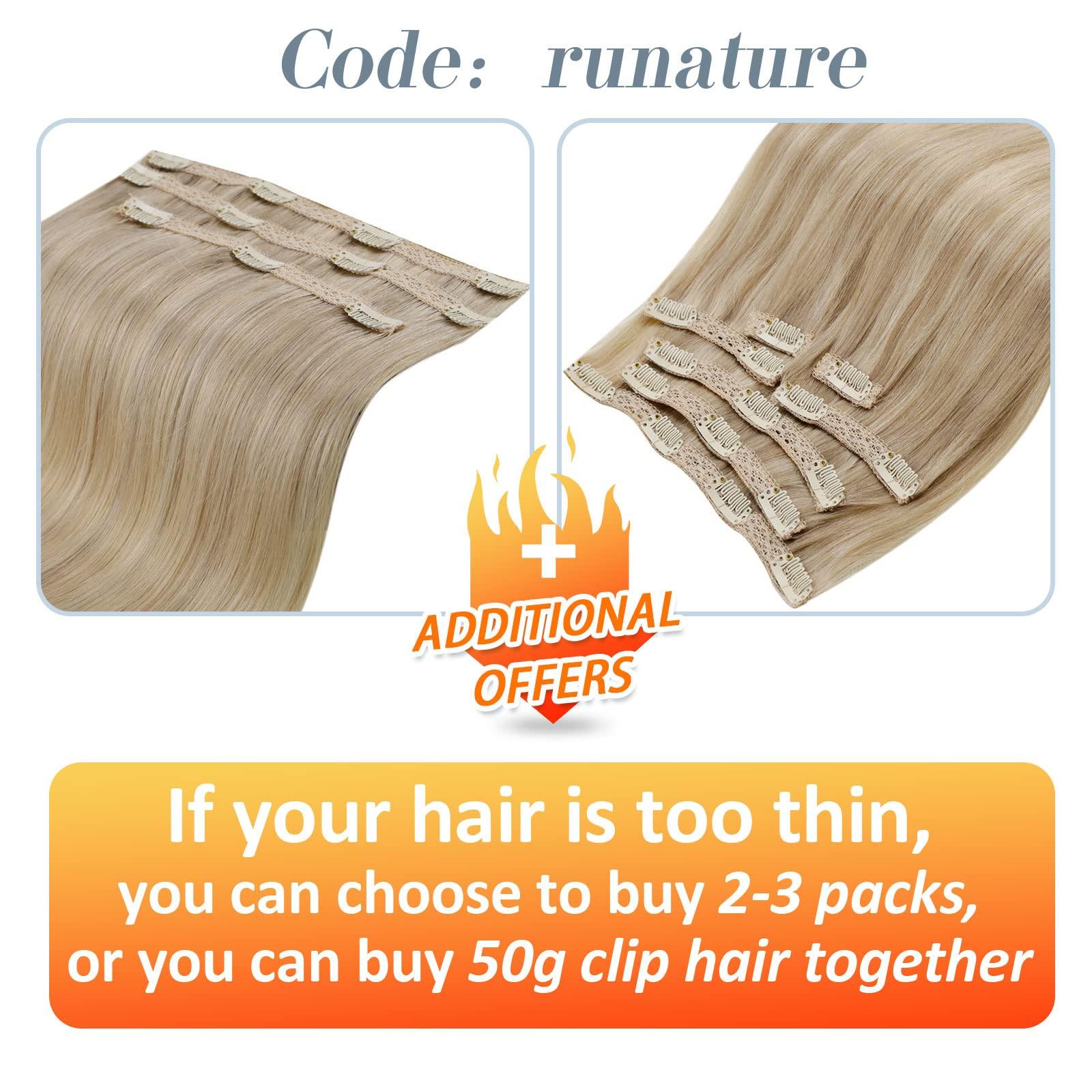 RUNATURE Light Ash Blonde Hiar Extensions Clip Ins 12 Inch Clip Hair Extensions #16p22 and #8p60 Brown with Blonde Human Hair Ponytail Extension 12 inch