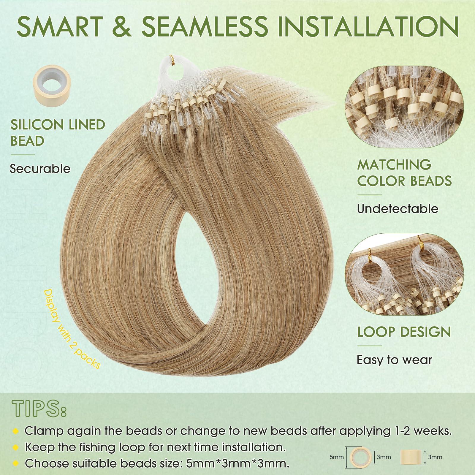 Hairro Hairro Micro Ring Hair Extensions Micro Link Human Hair Micro Beads Remy Hair Micro Loop Pre Bonded Cold Fusion I Tip Hairpiece For Women 14 inch 50g 100 Strands #12P613 Golden Brown Mix Bleach Blonde