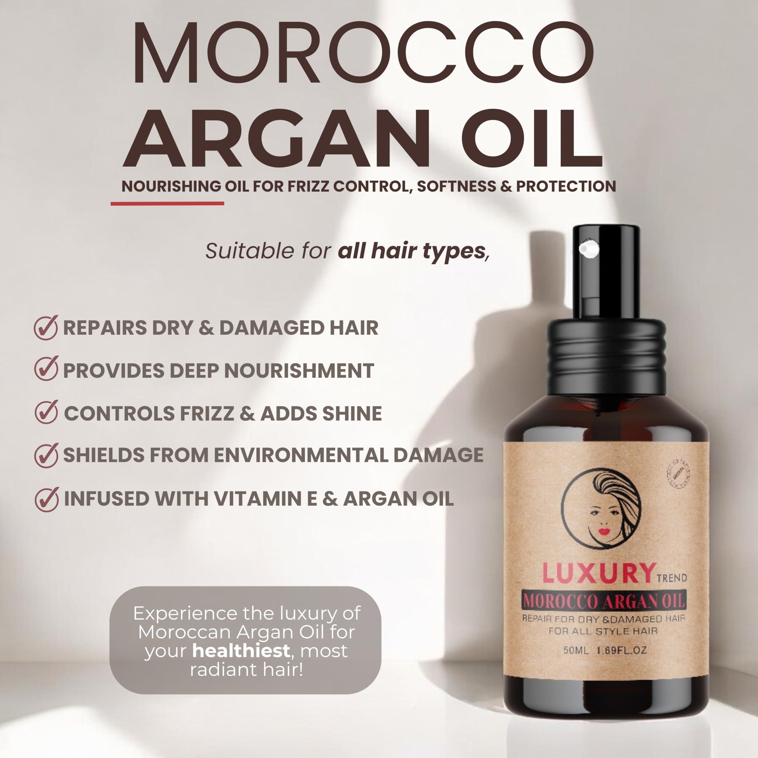 LUXURY TREND LUXURY TREND Pure Morocco Argan Oil - Nourishing Hair Oil for Silky, Frizz-Free Locks - Vitamin E & Fatty Acids Rich, Sulfate-Free Treatment for All Hair Types, 1.69 Oz