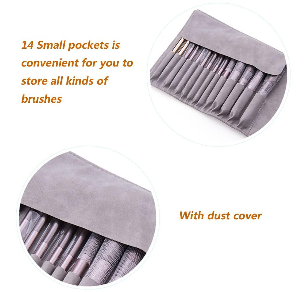 VASANA Gray Soft Makeup Brush Rolling Case Mini Cosmetic Brush Organizer Portable Roll Up Brush Holder Pouch Bag for Travel Business Trip 14 Pockets