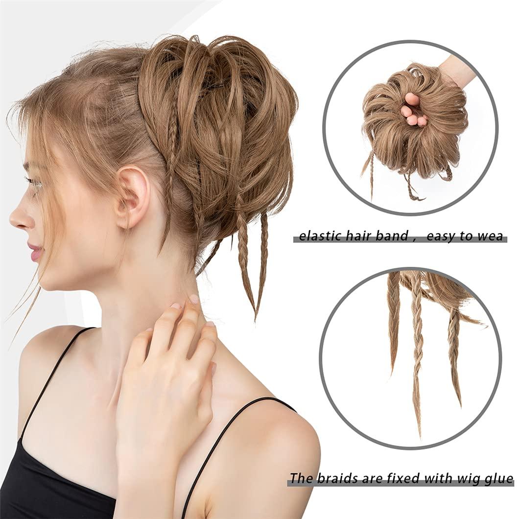 SSJFZM Chignon Messy Braided Bun Synthetic Fake Hair Piece Cover Scrunchie Updo With Elastic Band High Temperature Fiber For Woman 4-301