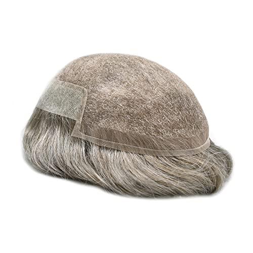 Generic Gray Toupee For Men European Human Hair Piece Swiss Lace Front Mens Toupee Bleached Knots Natural Hairline Gray White Hair Replacement System For Men. (8x10\'\'-100% Light Med-Light Density, 370# Dark Brown with 70% Synthetic Gray)