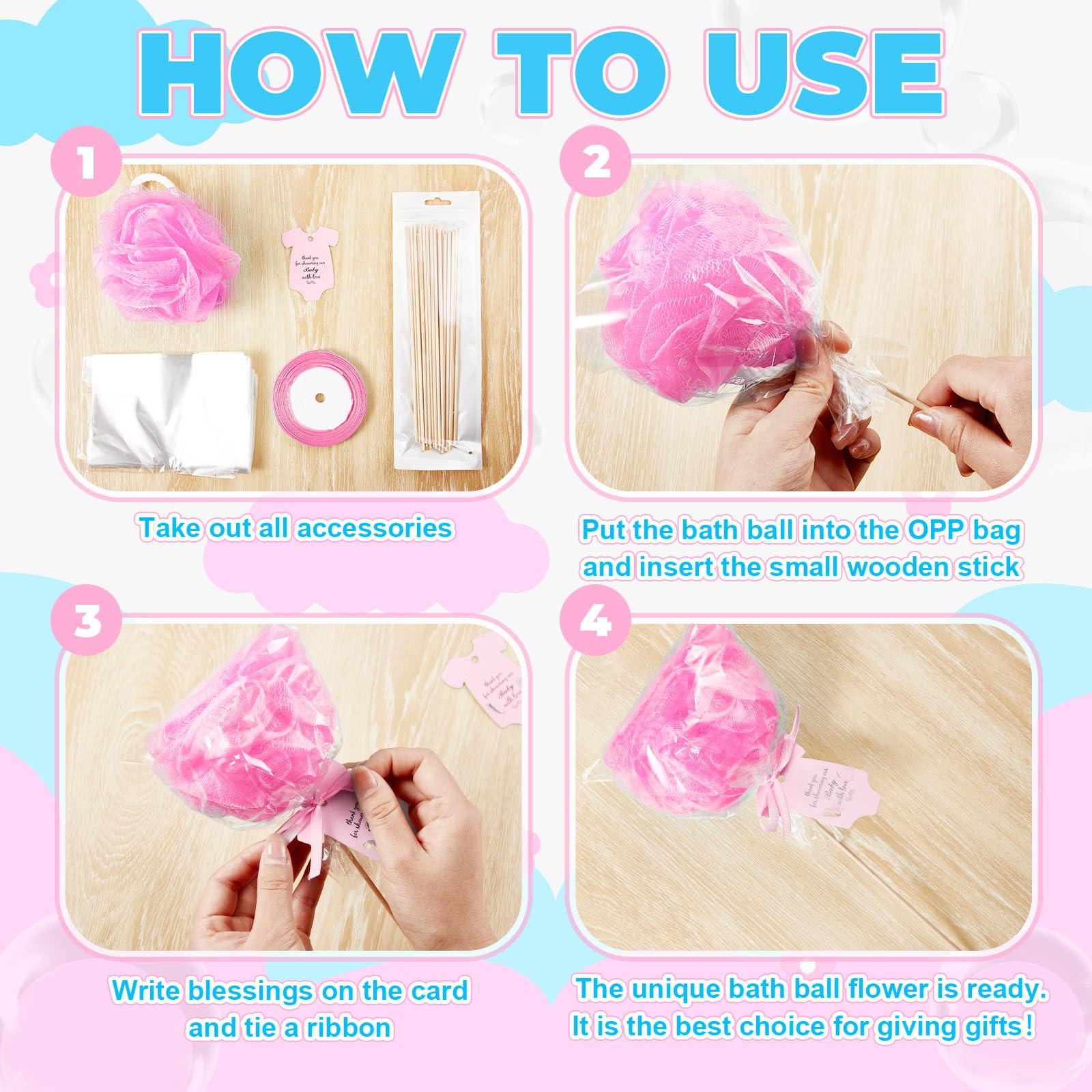 Pickmesh Pickmesh 24 Sets Baby Shower Party Favors for Guests, 30g Baby Loofah Sponge Bulk with Tags Kit, Table Centerpieces for Boys Girls Baby Shower Gender Reveal Party Game Prize Return Gift(Pink)