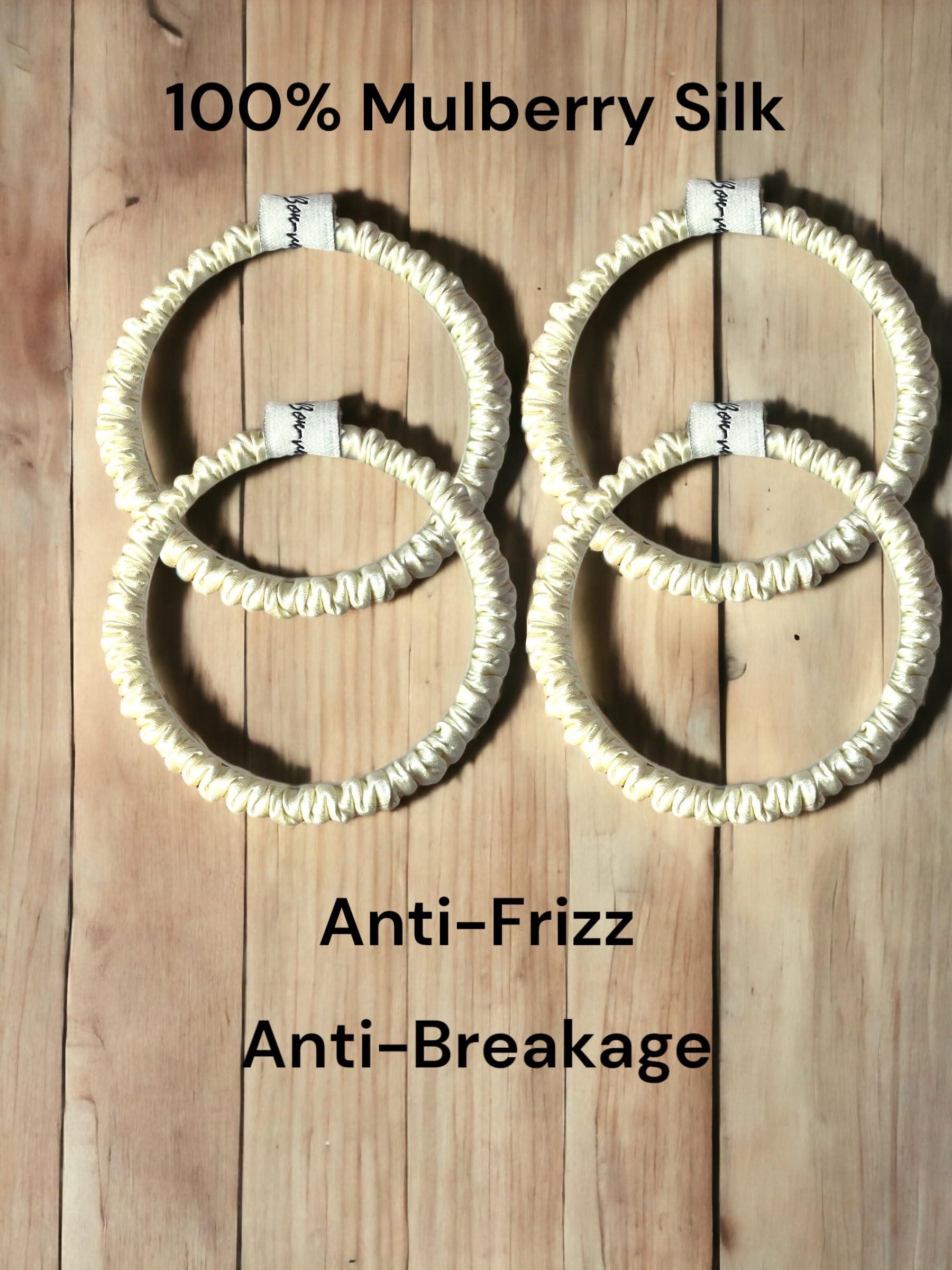 Bonvey BONVEY The Skinny Scrunchie LIGHTEST BLONDE 100% Pure Mulberry Silk, GRADE 6A Elastic Scrunchies (Set of 4)