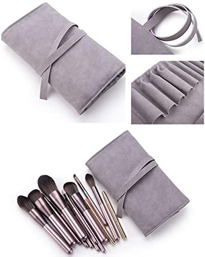 VASANA Gray Soft Makeup Brush Rolling Case Mini Cosmetic Brush Organizer Portable Roll Up Brush Holder Pouch Bag for Travel Business Trip 14 Pockets