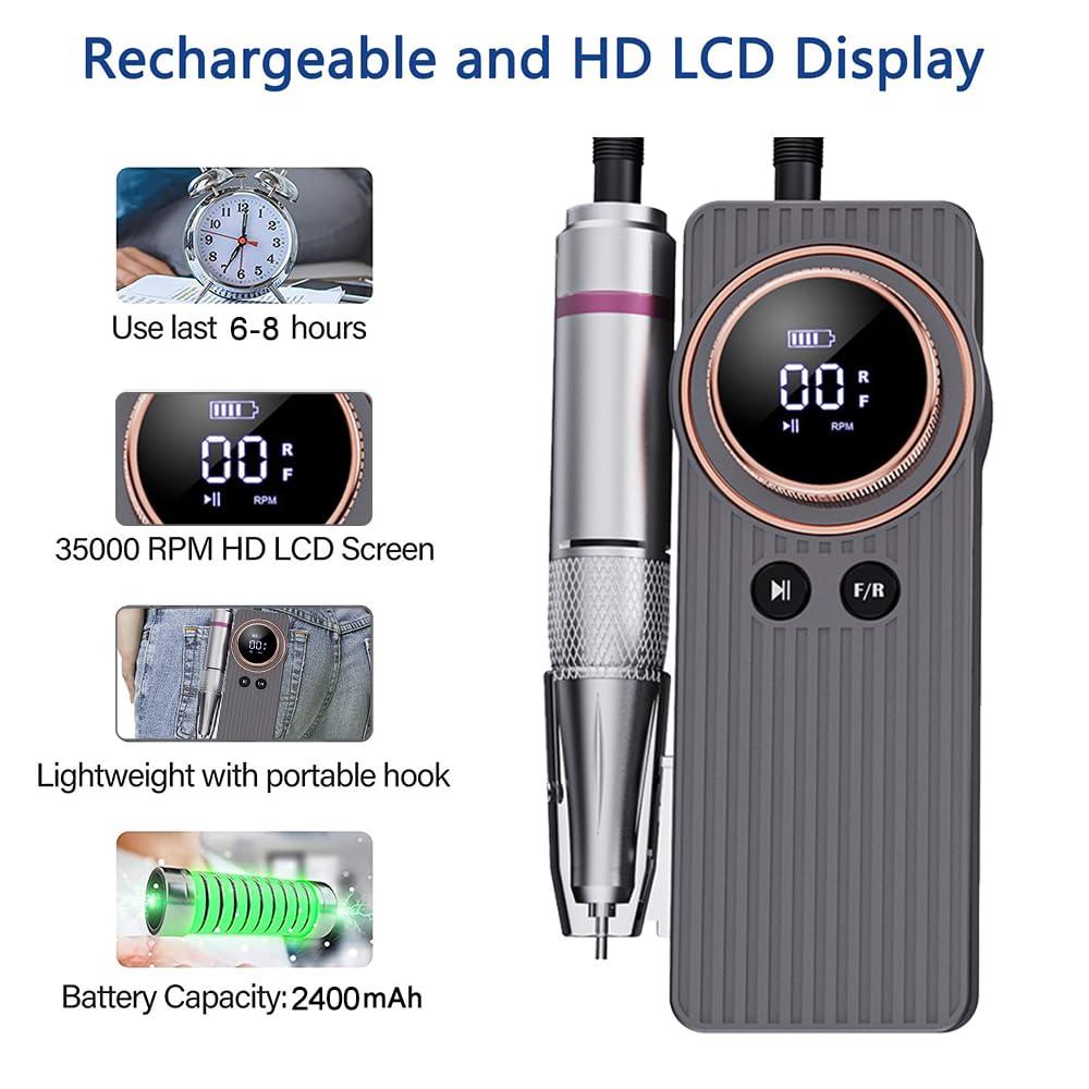 Meitawilltion Professional Rechargeable Nail Drill 35000 RPM, Electric Nail File for Shaping, Buffing, Removing Gel Nails, Lightweight & Easy to Use, Nail File Drill Machine For Home Salon-Grey