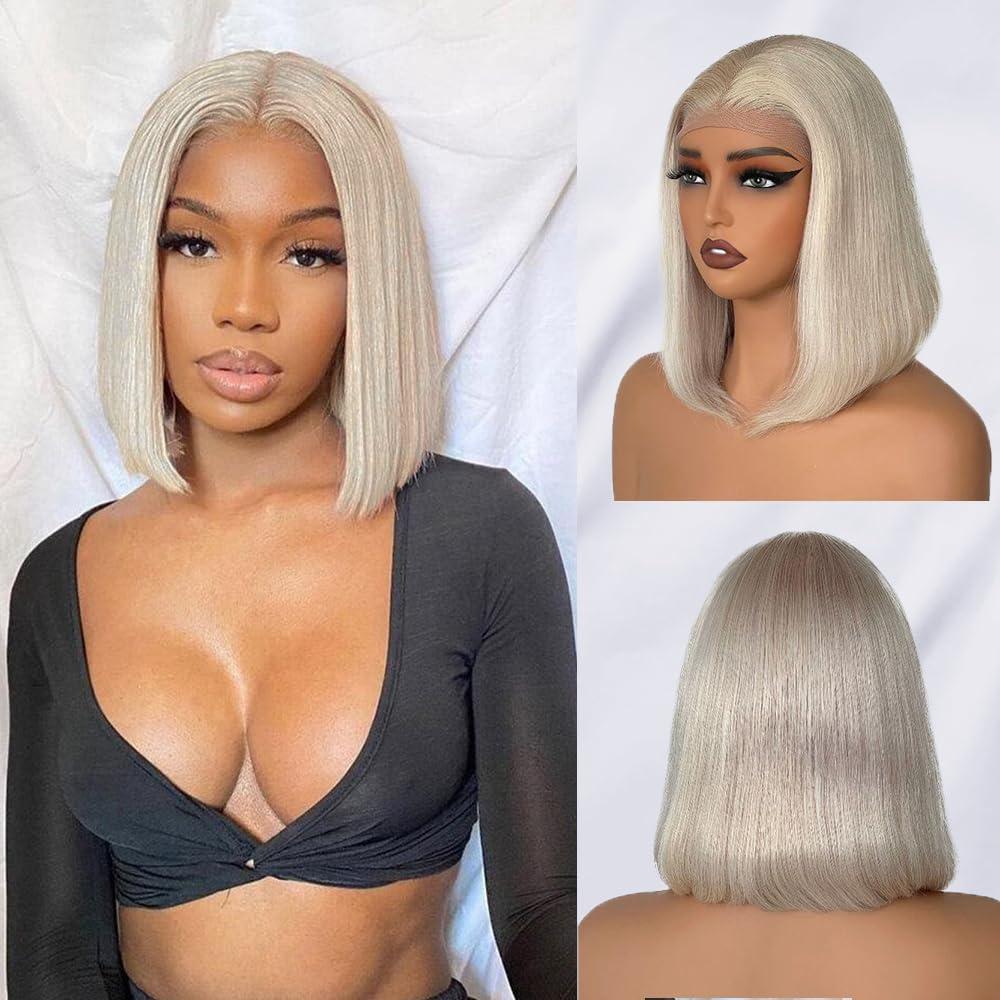 Byluxurious Byluxurious 60# Grey Platinum Blonde Wig Human Hair for White Pre Plucked HD Transparent Short Bob Wigs Human Hair Silver Ash White Lace front Wig For Women T Part Brazilian Hair 12 Inch 150 Density