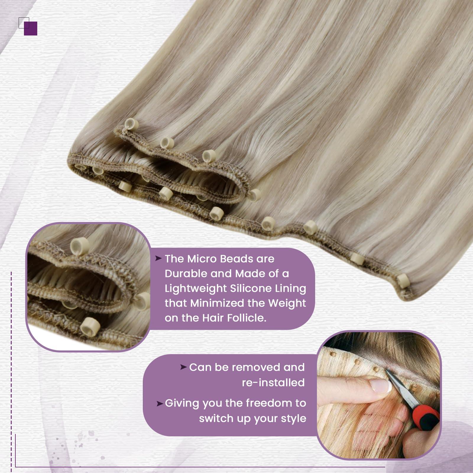 LAAVOO LaaVoo Beaded Weft Hair Extensions Ash Blonde Bead Hair Extensions Real Human Hair Weft Hair Extensions Bleach Blonde with Ash Blonde with Micro Beaded 22inch 50g