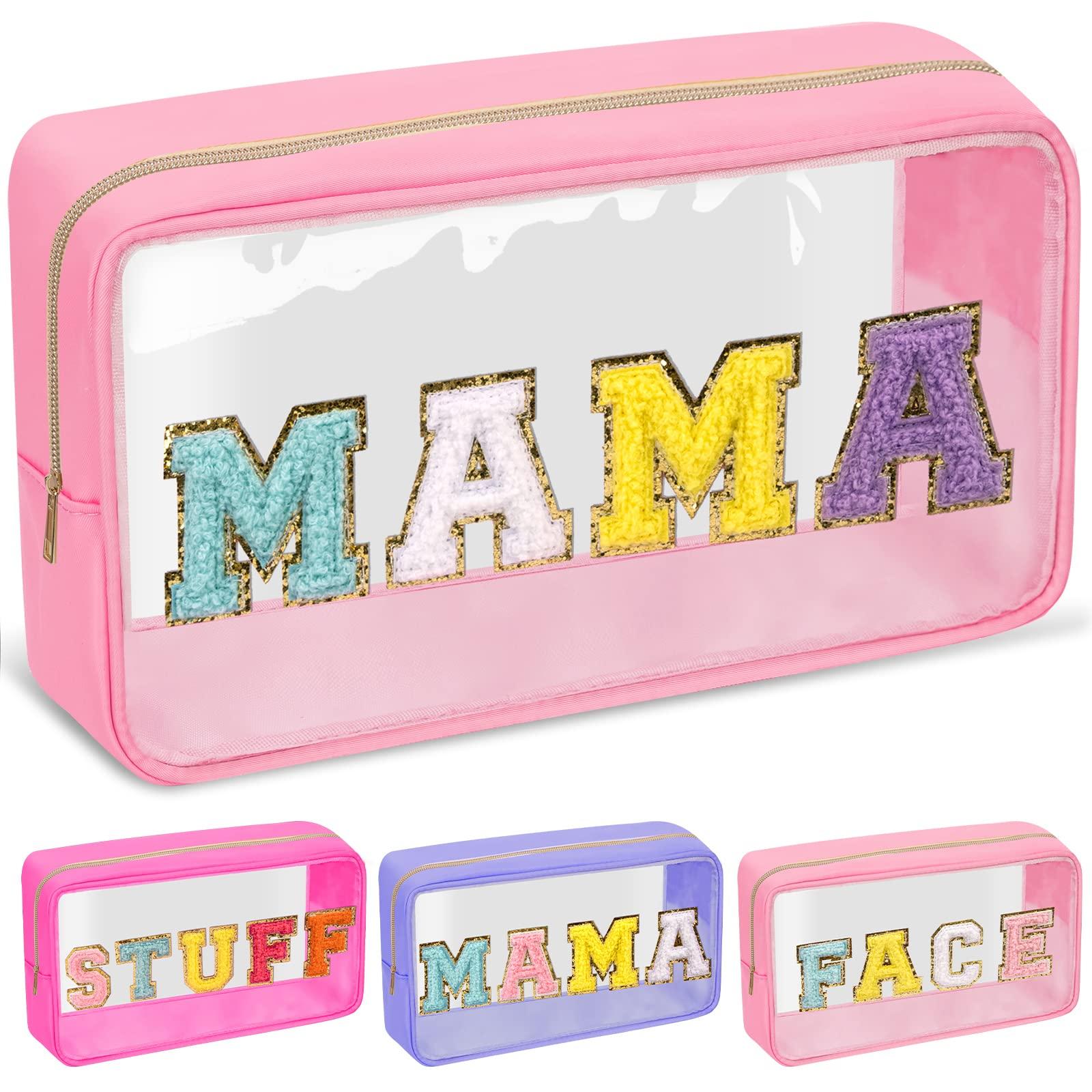 izuzta Chenille Letter Clear Makeup Bags Mama Pouch, Preppy Patch Makeup Bag with Zipper, Transparent PVC & Nylon Waterproof Portable Glitter Cosmetic Bag Travel Toiletry Storage for Women Girl(MAMA-Pink)