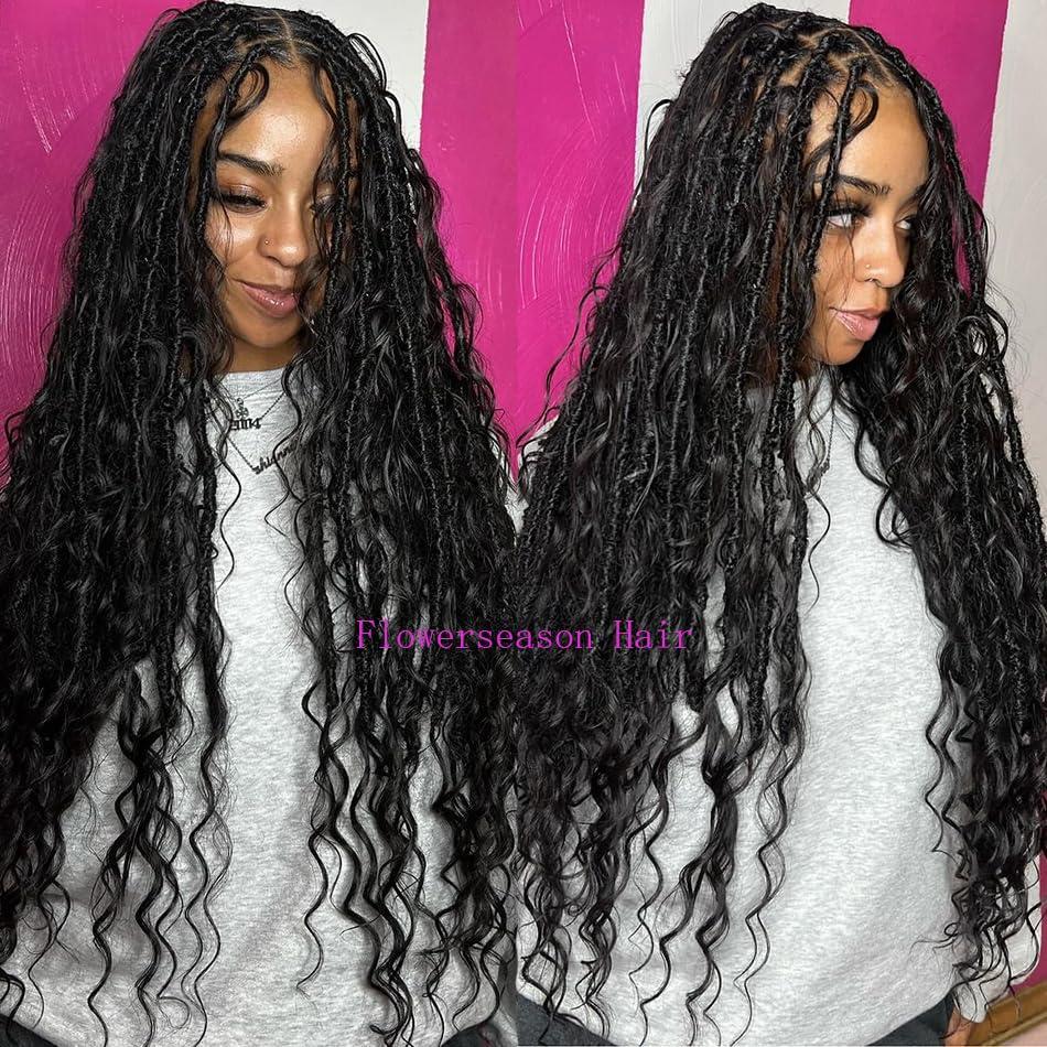 FlowerSeason Pre-Looped Crochet Boho Locs With Human Hair Body Wave Curls Wavy Goddess Locs Crochet Hair 100 strands(26inch)