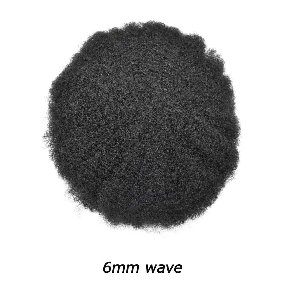 LHC HAIR Man Weave Hair Unit Black Men Afro African American Human Hair Toupee For Black Men Kinky Curly Mens Hair Pieces Durable Injection PU with Breathable Mens Hair Units (8\'\'*11\'\' 6mm-wave, 1# JET BLACK-100% light to medium density)