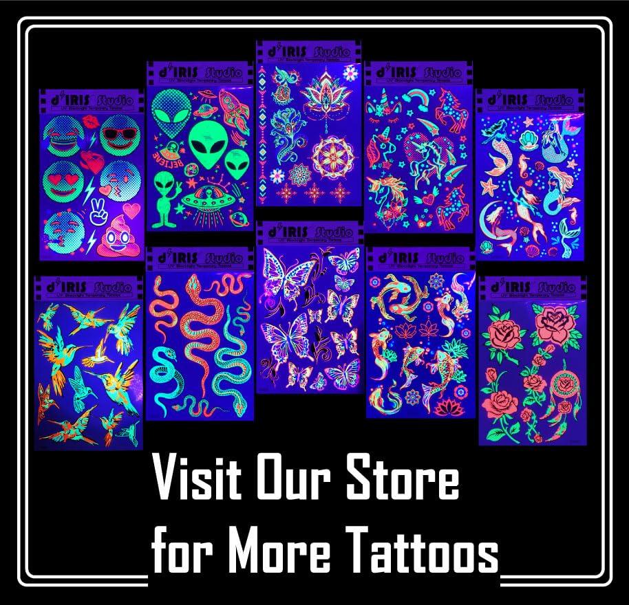 d'IRIS studio Temporary UV Blacklight Reactive Tattoos  1 Sheet Alien UFO Design Body Art Festival Accessories Glow in the Dark Party Supplies | 7.2 x 5.2 Temp Tattoos Great for EDM EDC Party Rave Parties