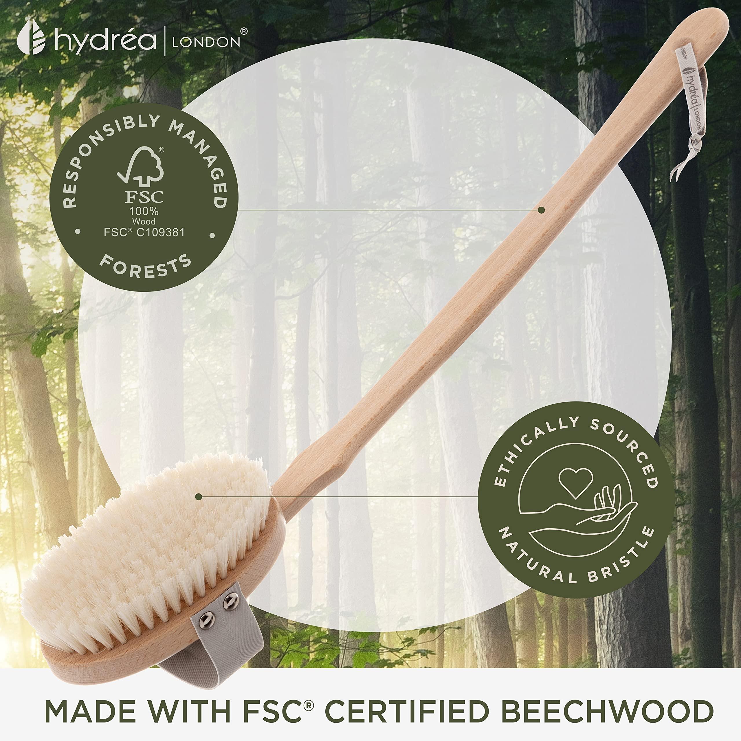 Hydrea London Hydrea London Body Brush  Long Handled Exfoliating Dry Skin Brush with Natural Bristle, Dry Brush Cellulite Remover, Helps Improve Lymphatic Drainage - FSC Certified Beechwood.