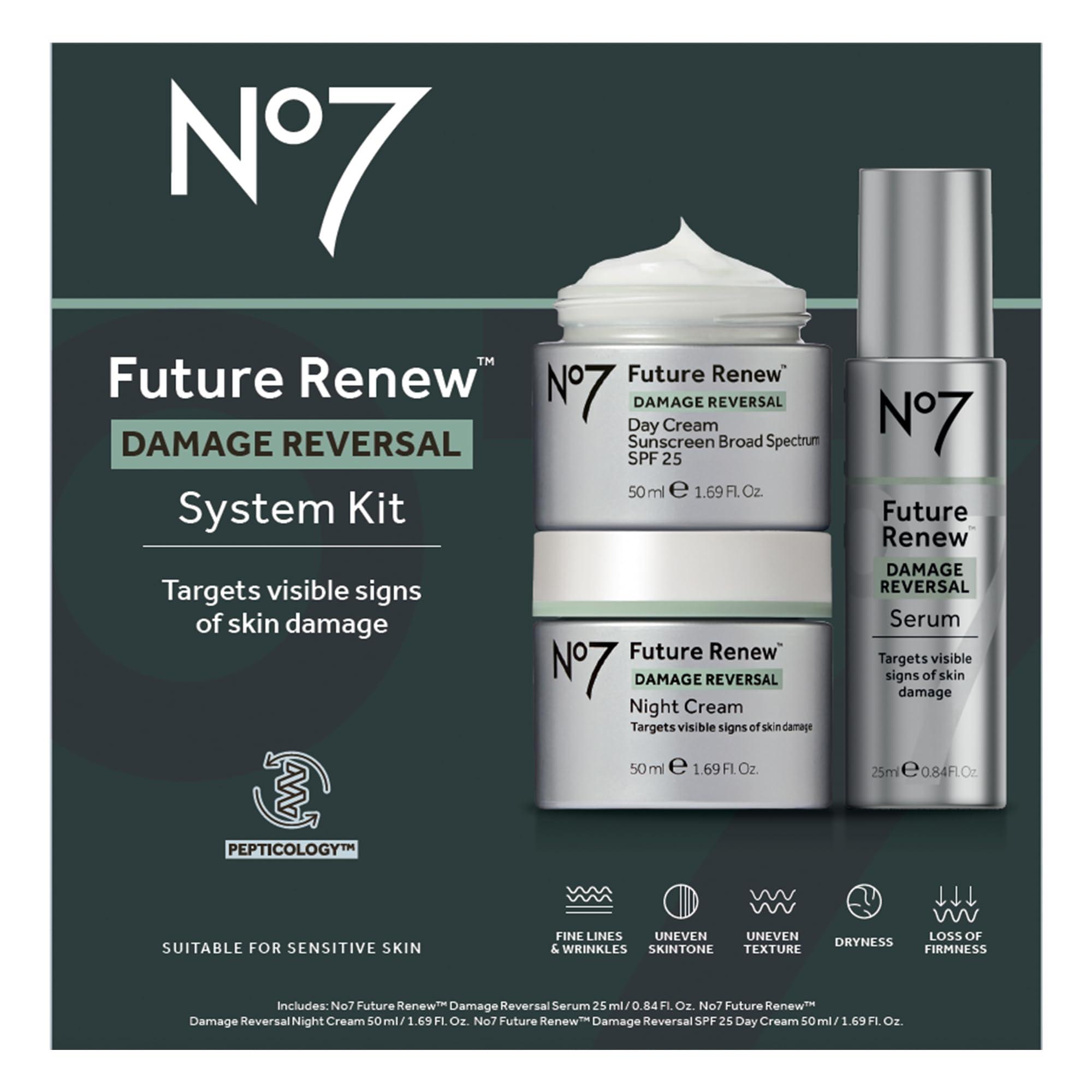 No7 No7 Future Renew Damage Reversal Skincare Set - Anti Aging Face Serum (.33 Fl Oz), Day Cream with SPF 25 (1.69 Fl Oz) & Night Cream (1.69 Fl Oz) - Reverses Visible Signs of Sun Damage - 3-Piece Set
