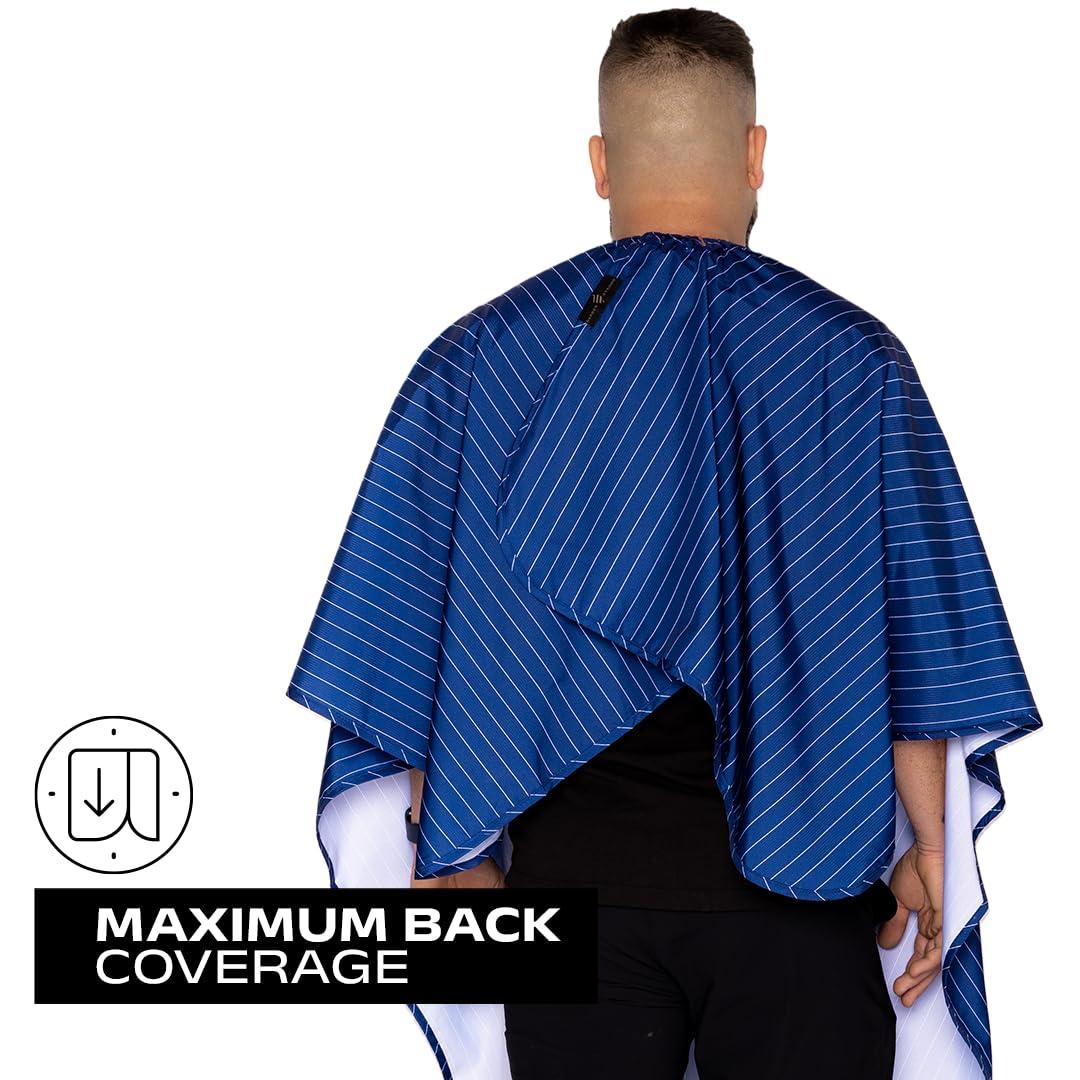 Barber Strong Barber Strong The Barber Cape Haircut Cover for Men, Hair Repelling and Static-Reducing Material, Flexible Elastic Neckband, Water Resistant Fabric, Oversized for Complete Coverage - Blue/White Stripe