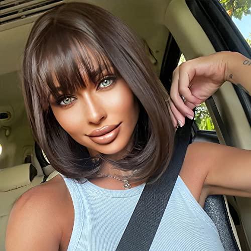 EMMOR EMMOR Dark Brown Bob Wigs for Women Shoulder Length Synthetic Wig with Fringe Bangs High Heat Resistant Wig(Dark Brown)
