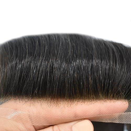 Brave Hair Generic Hair System for Men Toupee Human Hair Pieces French Lace Front Bleached Knot Toupee for Men Hair Replacement Systems Durable Fine Monofilament Men\'s Hairpiece 8X10 1B# OFF BLACK